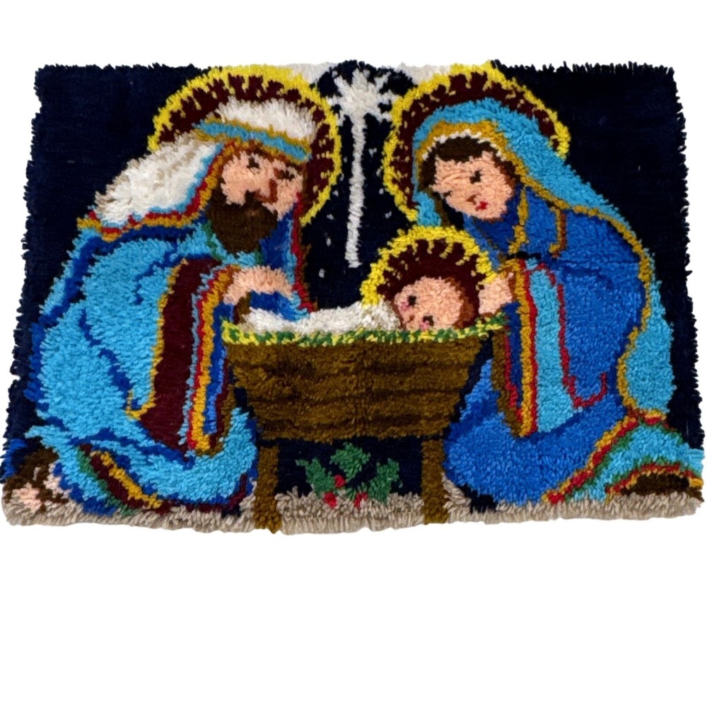 Handmade Latch Hook Rug/Wall Hanging Nativity Scene Mary Joseph Baby Jesus